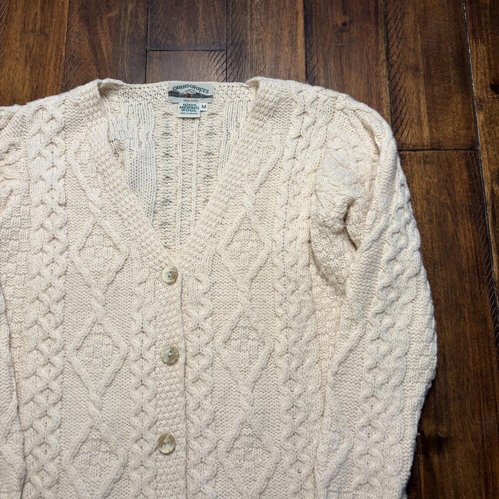 Aran Crafts Sweater Cardigan Womens Medium White 100% Merino Wool Ireland - Picture 3 of 9